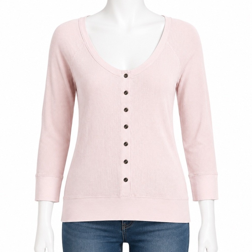 Old Navy Henley Top Women S Pink Ribbed Knit 3/4 Sleeve Scoop Neck Button Front